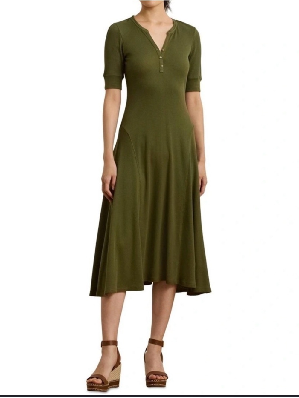 Lauren Ralph‎ Lauren Women's 1X Olive Green Waffle Knit Henley Maxi Dress